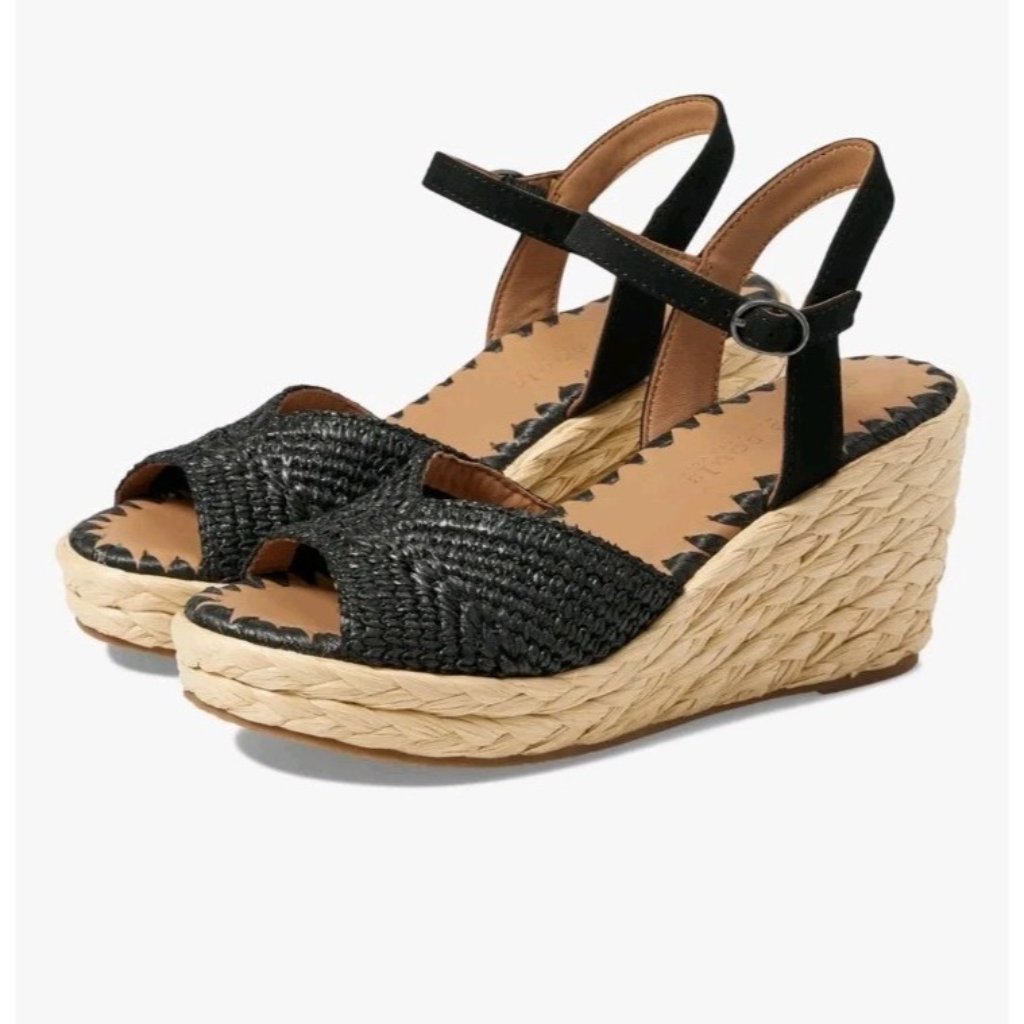 Gentle Souls Black Braided Raffia Espadrille Wedge Sandals